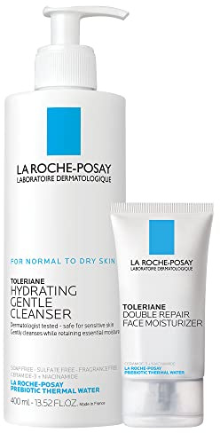 La Roche-Posay Toleraine Skin Care Set, Double Repair Face Moisturizer 40ml & Hydrating Gentle Cleanser 400ml, Oil Free Moisturizer & Face Wash, Formulated with Niacinamide