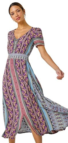 Roman Originals Shirred Empire Waist Dress for Women UK Ladies Midi Maxi Summer Spring Tiered Frill Hem Short Sleeve V Neck Button Through Boho Bohemian Holiday Cruise - Purple Pink - Size 14