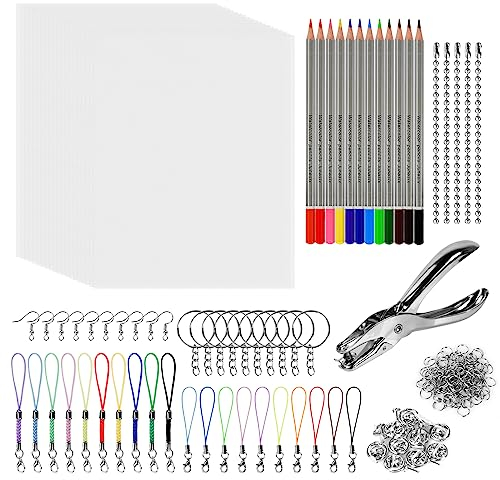 SUPRBIRD 188 Stück Schrumpffolien Set,20 Stück Schrumpffolie zum Basteln,Einschließlich 12 Buntstifte 155 Schlüsselbundzubehör Schlüsselring Ohrring Locher,für DIY Handwerk Dekorationen