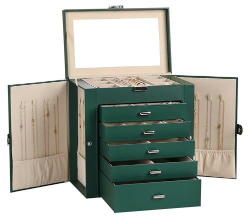 Frebeauty Grande Boîte à Bijoux 6 Niveaux, Organiseur en Similicuir avec Serrure et Miroir, Boîte de Rangement avec 5 Tiroirs pour Colliers, Bagues, Boucles d’Oreilles et Accessoires (Vert foncé)