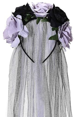 Unicra Costume d'Halloween noir voile funéraire sorcière cosplay gothique fête rose couronne guirlande mexicaine pour femmes(noir)