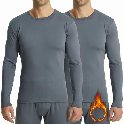 LANBAOSI Men's Crewneck Long Sleeve Thermal Undershirts 2 Pack - Base Layer for Cold Weather, Grey, XXXXL