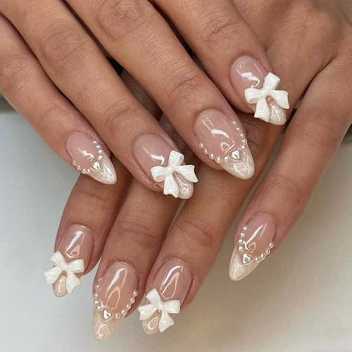 Irikdescia Lot de 24 faux ongles à coller, press-on nails de taille moyenne, couleur nude avec perles et nœuds, manucure française en amande