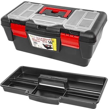 Caja de Herramientas con Bandeja. Varios Tamaños a Elegir. Asa y Bandeja Extraíble de Plástico, Compartimentos Exteriores. Caja de Trabajo con Cierre Seguro (40 cm)