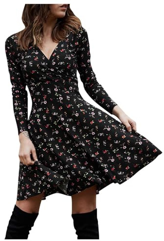 Vestido de otoño para mujer Curvy corto, vestido envolvente para mujer, manga larga, maxi cuello en V, vestido de patinadora, estampado floral, minivestido ajustado a la figura, vestido de oscilación,