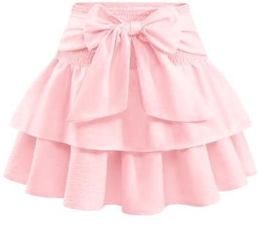 Timormode Women's Bow Mini Skirt Flowy High Waisted Ruffle Hem Short Skirts Cute Boho A-Line Layered Beach Skirt