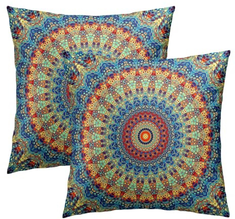 Bohemian Mandala Floral Throw Pillow Covers 18X18 Inches Set of 2 Boho Colorful Retro Ethnic Pillowcase Soft Cotton Square Cushion Covers for Home Sofa Patio Bedroom Decoration