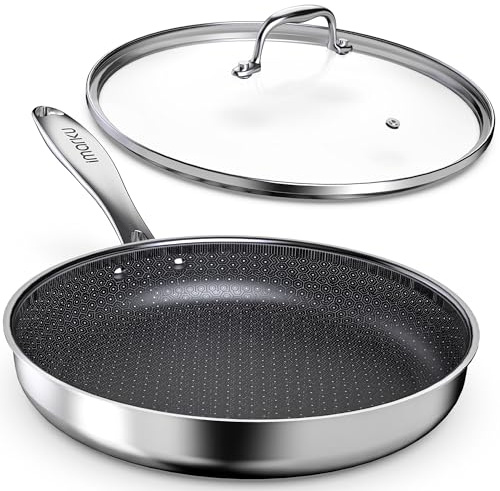 imarku 12 Non Stick Frying Pan with Lid, Stainless Steel Pan with Durable Ceramic Coating, 5.5-Quart Deep Skillet for Family Meals, Induction Cookware, Oven & Dishwasher Safe, PFOA Free