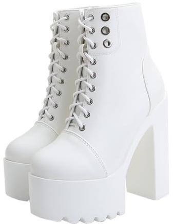 OTMYIGO Botas de Mujer con tacón Alto y Plataforma Gruesa Botines con Cordones Botas Cortas de tacón Grueso para Fiesta Vestido y Escenario,Blanca,35 EU