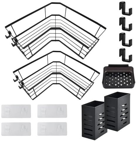Aohyue 3 Stück Duschablage Ohne Bohren, Eckregal Duschregal Schwarz, Badezimmer Organizer, Shampoo Halterung für Dusche, Badregal für Badezimmer und Küche, mit 2 Tassenboxen und 4 Haken