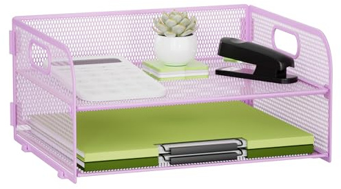 Volmop 2 Tier Metal Mesh Desk File Organizer, Letter and Paper Tray with Handle, Non-Slip Base for Office School Supplies, Purple