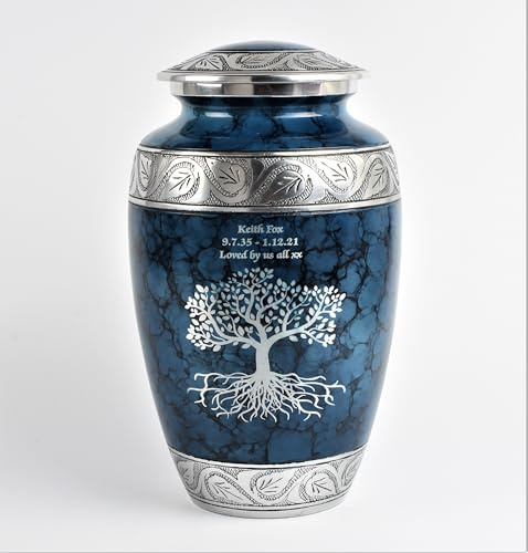 Large Personalised Cremation Urn for Human Ashes – Adult Funeral Memorial Keepsake, Blue Cloud Tree Design, 200 Cu Inch Capacity, Holds 90 kg / 14 Stone (Blue Cloud-Tree with text engraved)