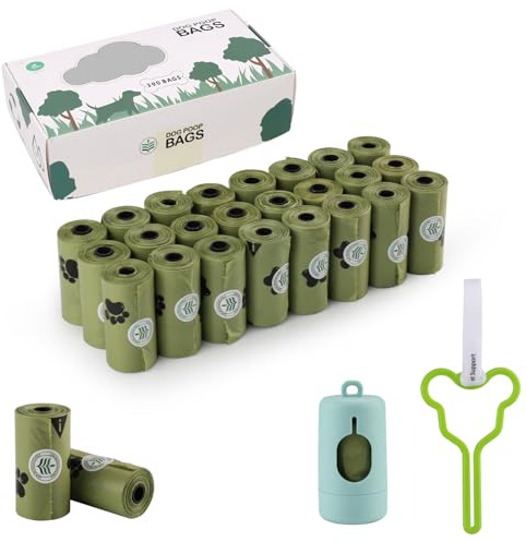 Foydream Sacchetti per escrementi di cani, biodegradabili, con profumo, 390 pezzi, 26 rotoli, sacchetti per escrementi di cani, a prova di perdite, con dispenser e clip di lino (verde)
