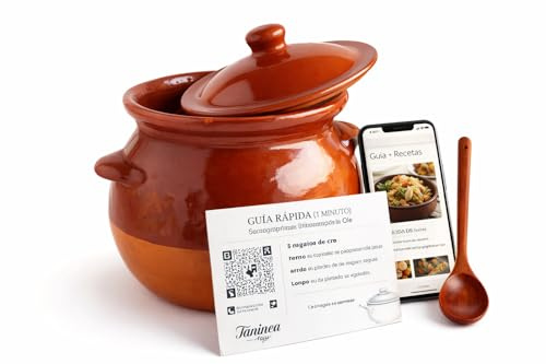 Olla de Barro Refractario Esmaltada 4 L (Puchero) con Tapa y Asas – Incluye Cuchara de Madera + QR Recetas y Guía – Cocción Lenta para Guisos Tradicionales
