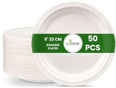 EcoWise 9 Strong Bagasse Plates Pack of 50 - EcoFriendly, Biodegradable, Microwave Safe Large Disposable Party Plates (50, 9 Inch)