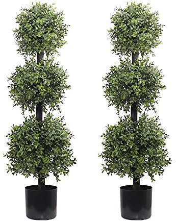 Planta topiaria de boj triple bola para exteriores de 38 pulgadas, decoración de puerta delantera, anti-UV, paquete de 2