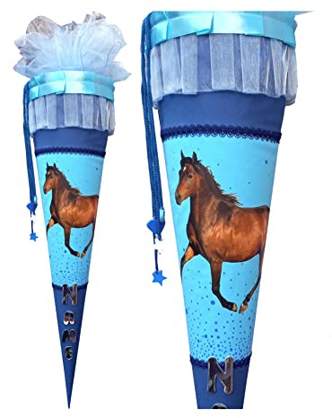 Schultüte passend zum Ranzen Step by Step Wild Horse, für Mädchen, Wunschname, benutzerdefinierte, hellblau mit Flecken Zuckertüte