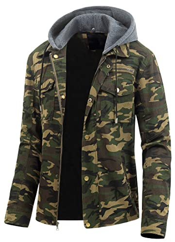 Pursky Men's Camouflage Military Jacket Canvas Cotton Casual Field Jacket Outerwear With Removable Hood Camo XL