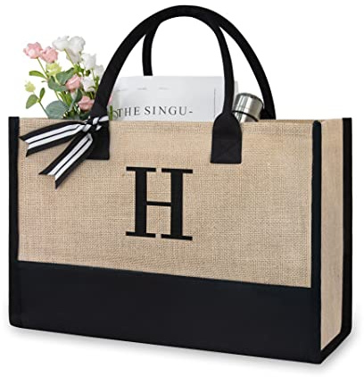 TOPDesign Initial Jute/Canvas Tote Bag, Personalized Present Bag, Suitable for Wedding, Birthday, Beach, Holiday, is a Great Gift for Women, Mom, Teachers, Friends, Bridesmaids (Letter H)