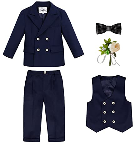 Bambini Completo Formale 4/5/6 Pezzi Gentiluomo Tuta Matrimonio Smoking Suit Abiti da Battesimo para Bambino,Tinta Unita Elegante Abito da Cerimonia Ragazzo Blazer Doppiopetto e Pantaloni 3-4 anni