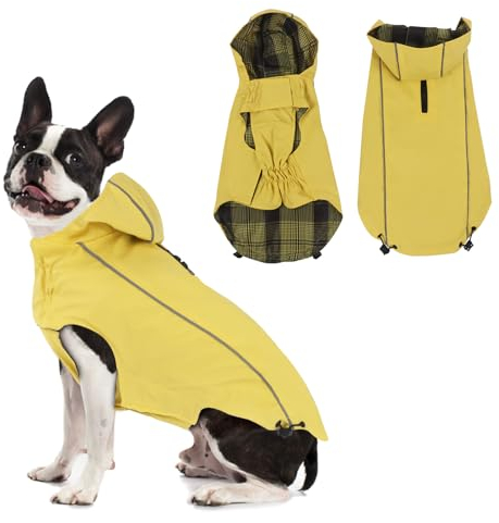 Vejaoo Regenmantel Hund Wasserdicht, Reflektierend Regenjacke mit Kapuze für Hund, Verstellbare Winddicht Regenjacken für Kleine Mittelgroße Groß Hunde Spaziergäng XZ015(Gelb,M)