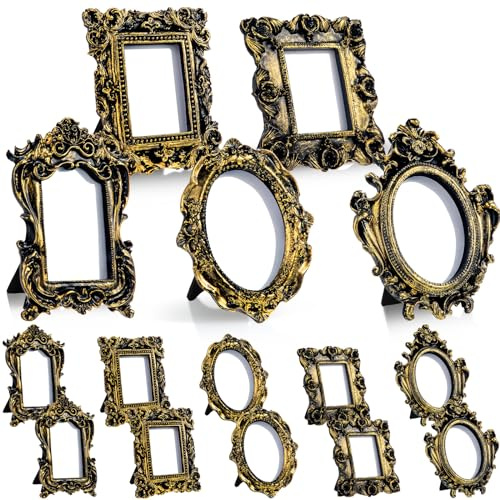 Maitys 15 Pcs Mini Picture Vintage Frames with Stands Tiny Antique Photo Baroque Ornate Resin Oval Frame Table Top Display Home Wedding Decor (Black Gold)