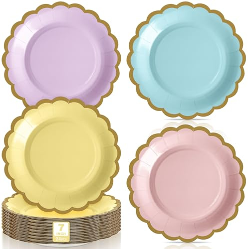 Tiangrid 48 Pcs Pastel Paper Plates 7 Inch Easter Scalloped Disposable Dessert Plate for Coquette Bridal Pink Bow Wedding Birthday Baby Shower Party Supplies
