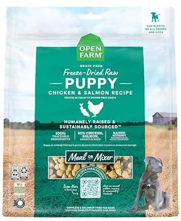 Open Farm, Freeze Dried Raw Puppy Food, Morsels with 95% Meat, Organs & Bone, Organic Produce & Superfoods, Complete Meal or Freeze Dried Dog Food Topper, Chicken & Salmon Puppy Recipe, 13.5oz Bag