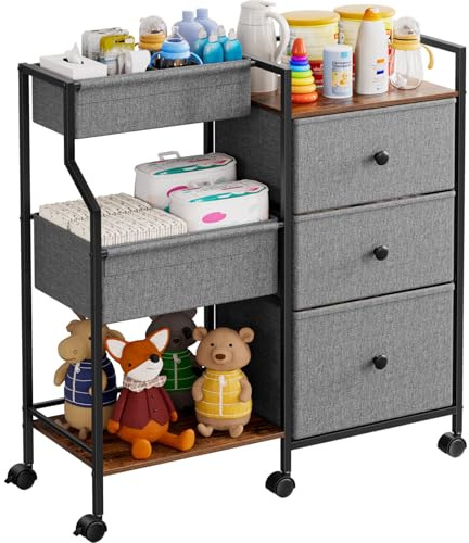 Modanais Baby Diaper Caddy Organizer Cart - 3 Tier Rolling Cart with Dividers and Drawers, Easy To Assemble, Mobile Utility Cart with Wheels for Nursery, Bedroom, Changing Table & Crib