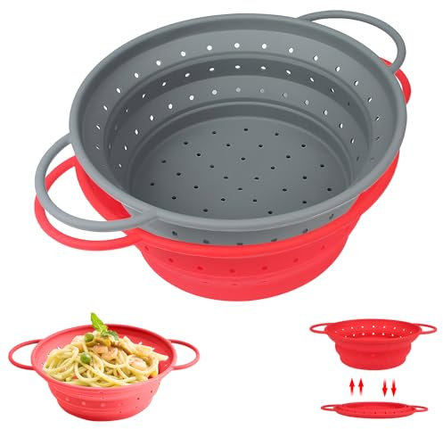 LUHOCIY 2 Piezas Plegable Colador Pasta, Escurridor Plegable De Silicona, Colador Plegable, Cesta Escurridora Para Escurrir Pasta, Verduras, Fruta Y Legumbres (Gris + Roja)