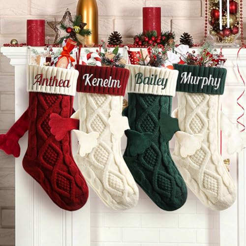 Personalized Christmas Stockings Set of 5 Custom Name Family Christmas Stockings 18” Large Knit Knitted Xmas Stocking for Kids, Rustic Farmhouse Fireplace Hanging Ornament Holiday Xmas Decoration
