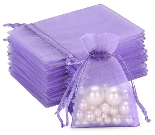 G2PLUS Lilac Organza Gift Pouches, 7x9 CM Small Organza Favour Bags, 50 PCS | Wedding Jewelry Bags, Clear Mesh Pouches Perfect for Wedding, Christmas, Birthday, Anniversary