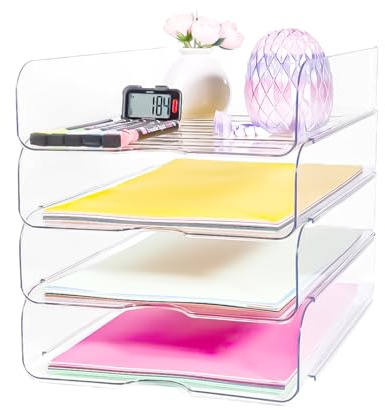 4 Pack Stackable Letter Tray for Desk, Clear File Organizer for Files, iPad, Letters, A4 Office Files, Books, Notes, Vertical