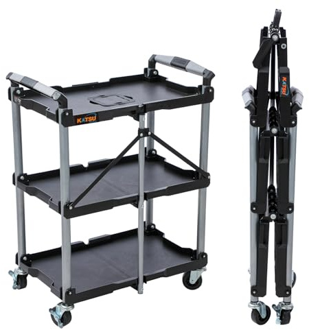 KATSU Tools 3 Tier Service Cart, Foldable, Utility Rolling Tool Trolley, 150 lbs Load, Locking Wheels, Ergonomic Handles, 83 x 36 x 64cm, for Workshop Garage Home Office and More, Black