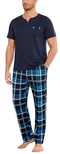 Bresdk Mens Pyjamas Set Short Sleeve Pjs Loungewear with Check Pants | V Neck Nightwear Sleepwear with Drawstring Waist Comfortable Lounge Wear with Pockets for Bedtime and Relaxing at Home
