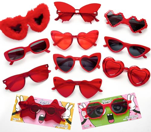12 Pack Mixed Styles Party Sunglasses Bulk Red Heart Glasses with Greeting Card, Valentines Day Gifts for Kid Adult Fun Square Star Butterfly Glasses Accessories School Classroom Party Favors Supplies