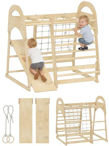 AIYAPLAY 6-in-1 Montessori Klettergerüst Indoor Holz Indoor Spielplatz mit Rutsche, Kletterstangen, Turnringen, Leiter, Kletternetz, Kletterturm Indoor für Kinder von 3-6 Jahre, Naturholz