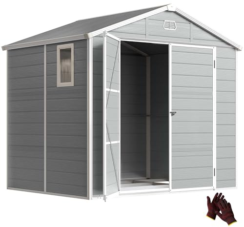 Outsunny Casetta per attrezzi 4,1 m² in plastica, tetto spiovente, porta con serratura, ventilazione, finestra apribile e fondazione, 240 x 190 x 228 cm