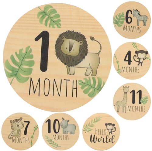 DECOMELODY 7pcs Wooden Progress Signs Boy Girl Monthly Cards Born Announcement Board for Nursery Wood Circles Name Signs for Girl's Birthday Decorations