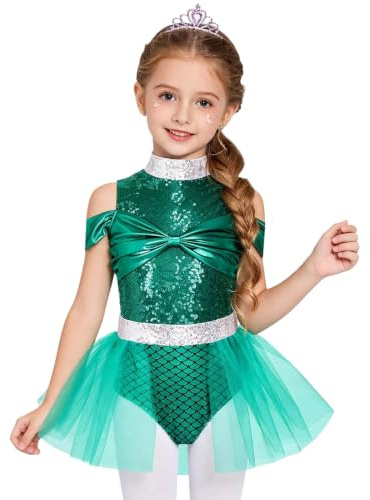 YOOJIA Flicka Unitard sjöjungfrukjol för barn glittrande ballettkläder cosplay kostym för flickor dansträning, Myntgrön, 5-6 �r