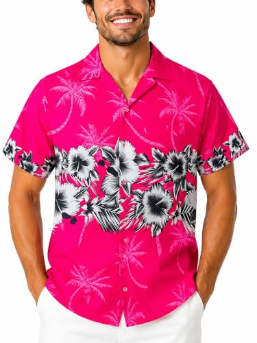 King Kameha Funky Hawaii-skjorta för män, kortärmad, frontficka, Hawaii-tryck, blommor, brösttryck, ROSA, XL