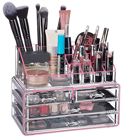 Relaxdays 1x Organizer Make-up Piccolo, Contenitore con Porta-Rossetti e 4 Cassetti, in Acrilico, Trasparente-Pink