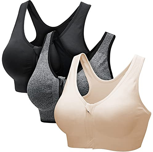 CARETOO Sport-BH för kvinnor, starkt stöd, aktiv bh, höjd, träning, bustier för yoga, fitness – med dragkedja, Svart + grå + beige, 3XL