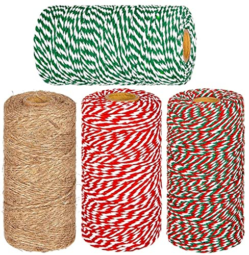 LATERN 4Pcs Christmas Jute Strings and Cotton Twine Rolls, 1312 Feet Red White Green Cotton String Jute Twine Wrapping Rope Cord for Xmas DIY Crafts Christmas Gifts Presents Baking