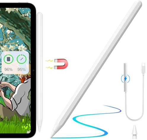 Penna per iPad A16/10/9/8/7th/Pro 13''/12.9''/11''/Air 13''/11''/Air 5/4/3rd/Mini 6/5th Gen(Funzione di scrittura), Matita Attiva con Ricarica Wireless Magnetica per iPad 2018-2022 (Bianco)