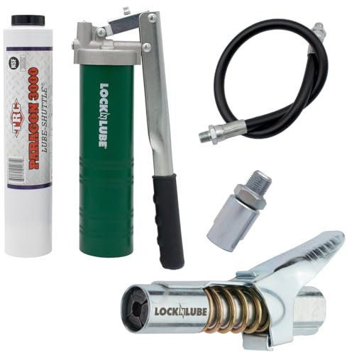 LockNLube Spin-On Lever Grease Gun Kit. Includes: 1 Tube Grease, The Grease Coupler Plus a Heavy-Duty 20 Grease Hose and in-line Hose Swivel.