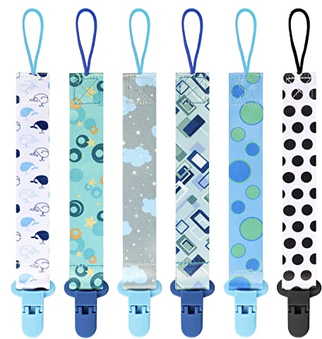 Attache Sucette Bébé, Lot de 6 Pièces Attache Tétine Sucette Chaîneen Tissu Convient aux Sucettes pour Bébé Essentiels pour Nouveau-né Baby Shower（Blu）