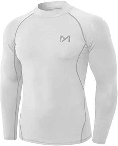 MEETYOO Men’s Compression Base Layer, Men Top Long Sleeve T-Shirt Sports Gear Fitness Tights for Running Gym Workout White