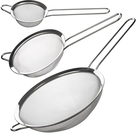 Galvog® 3Pc Stainless Steel Sieve and Strainer Sifter Set | 8cm, 14cm, 20cm Fine Mesh Strainers with Handle | Easy to Use & Wash - for Cooking Baking Rinsing & Washing