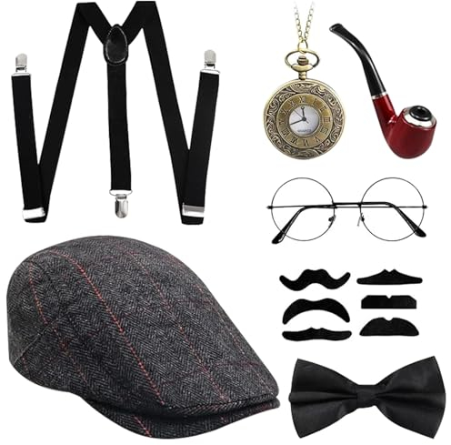 ARONRAVE 20er Jahre Accessoires Herren, Mafia Kostüm Herren Gatsby Kostüm Set Gangster Panamahut Taschenuhr Hosenträger Fliege Bärte Brille für Karneval Kostüm Zubehör